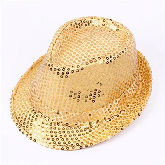 Adult  and Child Unisex Brilliant Glitter Sequins Hat Dance Fedora Hat Kid Dance Cap Solid Jazz Hat Party Glitter Costum 2size