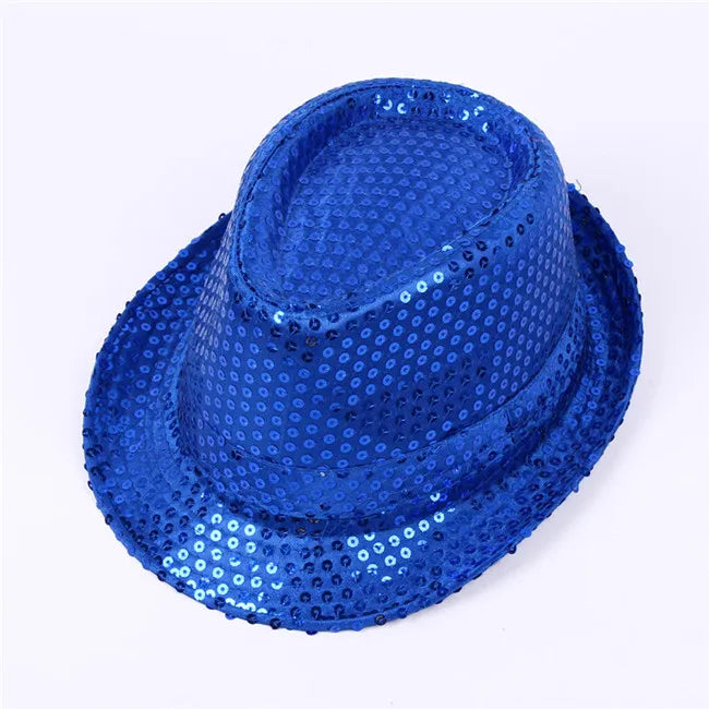 Adult  and Child Unisex Brilliant Glitter Sequins Hat Dance Fedora Hat Kid Dance Cap Solid Jazz Hat Party Glitter Costum 2size
