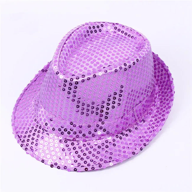 Adult  and Child Unisex Brilliant Glitter Sequins Hat Dance Fedora Hat Kid Dance Cap Solid Jazz Hat Party Glitter Costum 2size