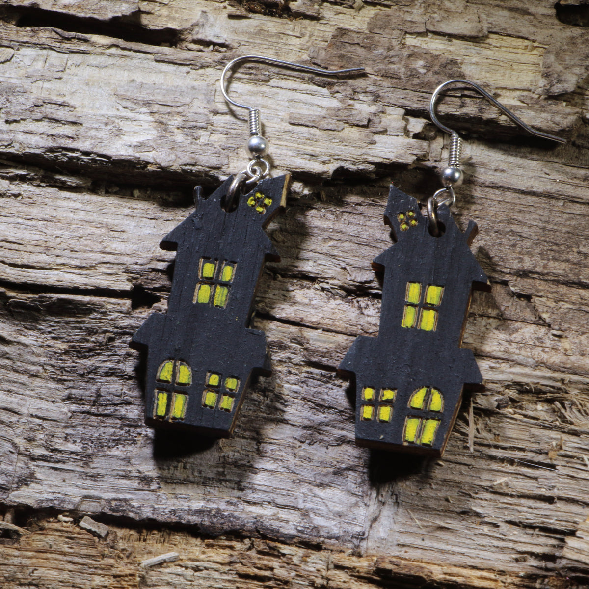 Haunted House Wooden Dangle Earrings | Halloween Spooky Jewelry