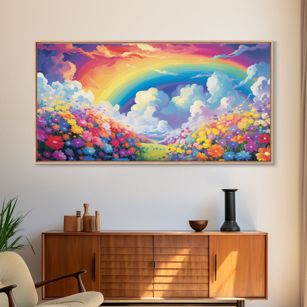 Rainbow Wall Decor, Spring Meadow Print, Wildflower Meadow, Panoramic Art, Wall Art, Canvas Art, Landscape Art, Nursery Wall Art, Kids Art