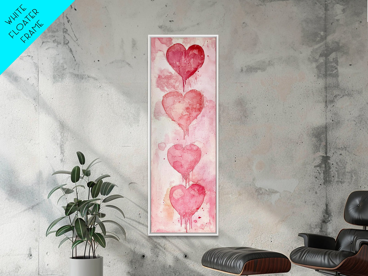 Watercolor Dripping Hearts Framed Canvas Print, Romantic Pink Abstract Art, Light Pink Wall Decor Valentine’s Day Gift Bedroom Art