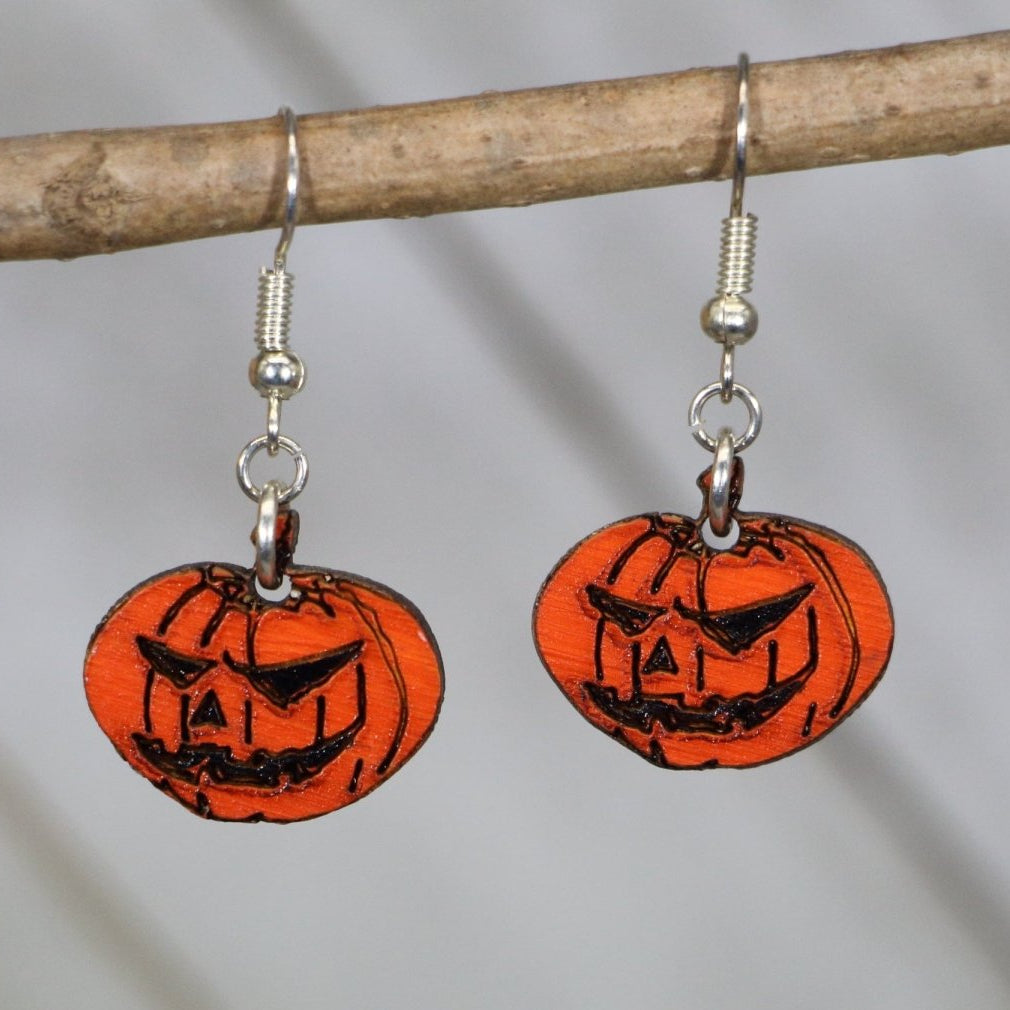 Jack-O-Lantern Wooden Dangle Earrings | Halloween Spooky Jewelry