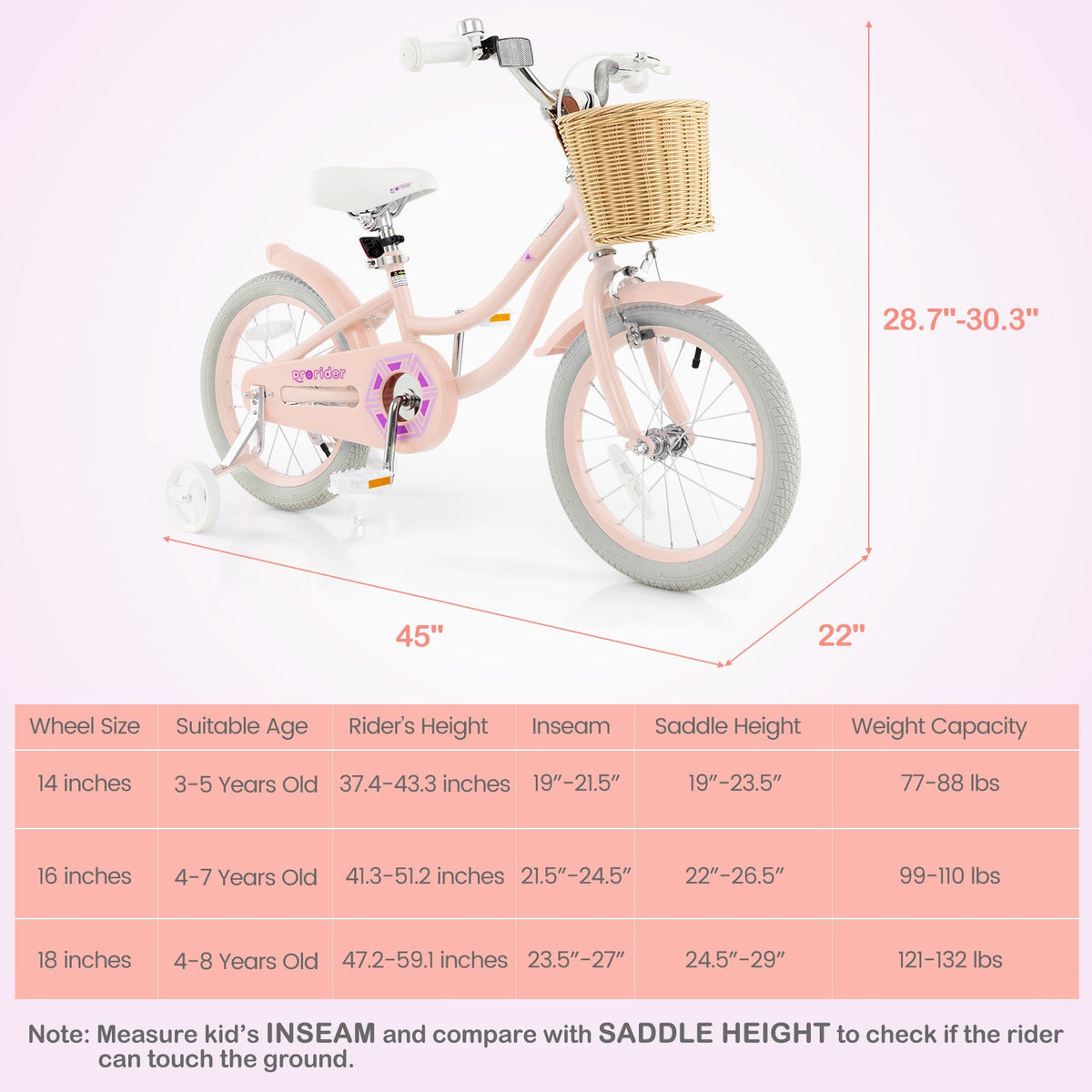 16-Inch Kids Bike with Training Wheels and Adjustable Handlebar Seat-Pink