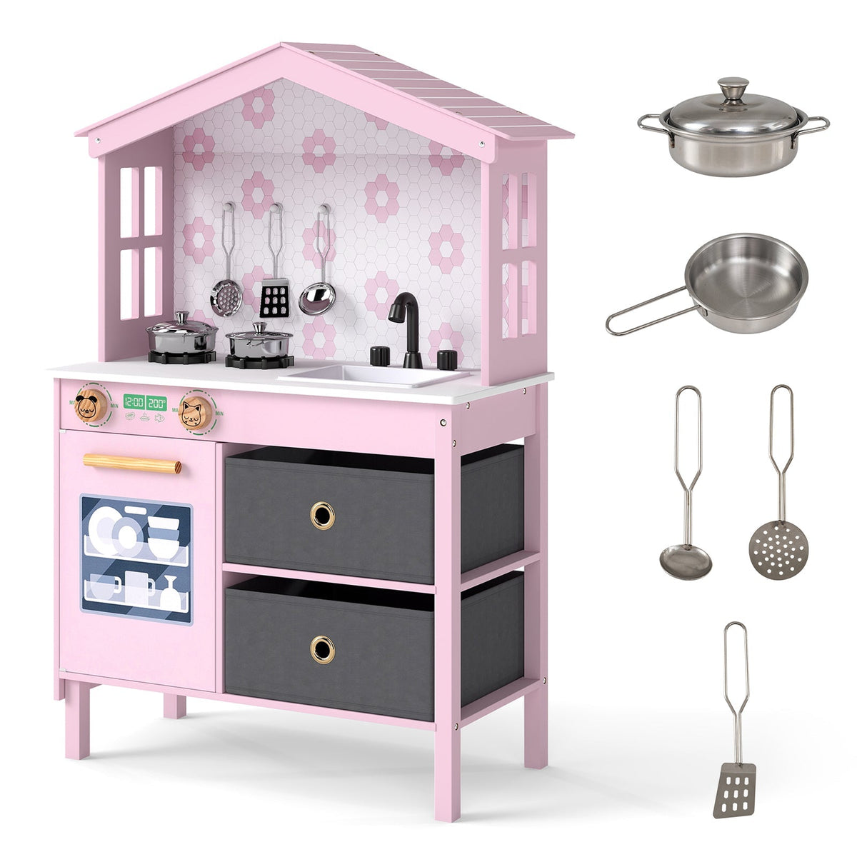 Kids Play Kitchen Children Toy Kitchen Playset with 2 Stoves and Rotation Knobs