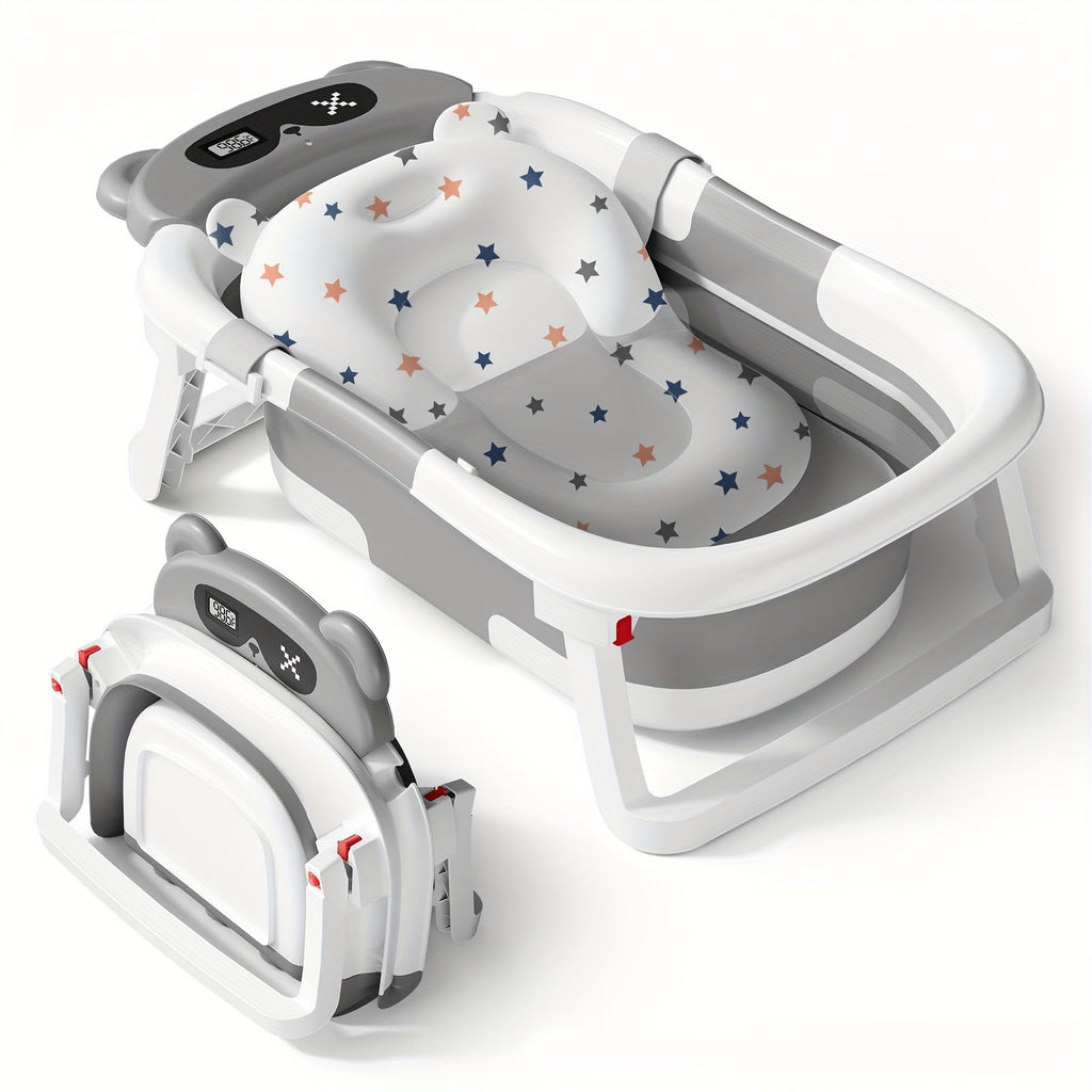 Foldable Baby Bathtub with Thermometer Soft Cushion Portable Baby Bath Tub