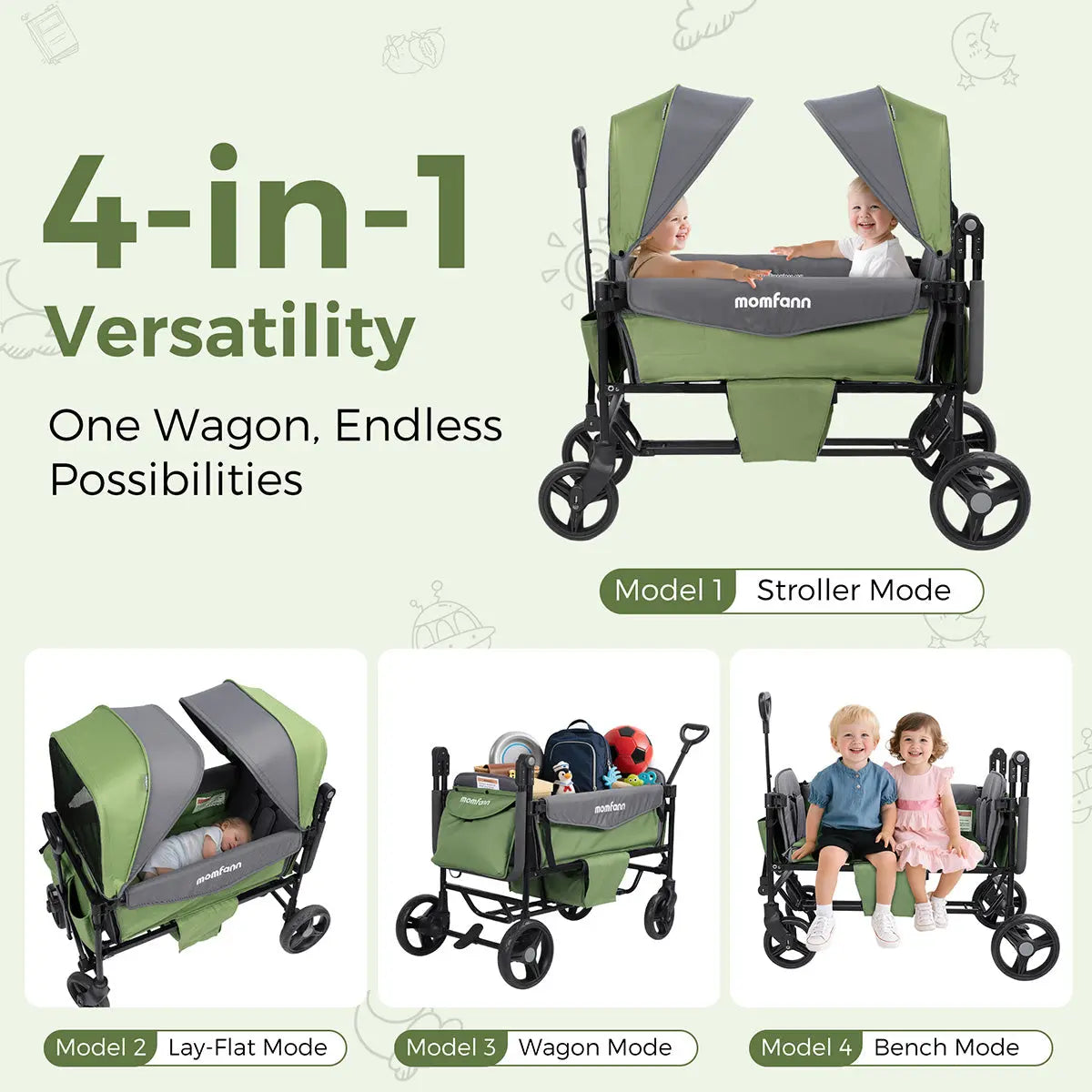 Momfann 4-in-1 Double Stroller Wagon for Kids
