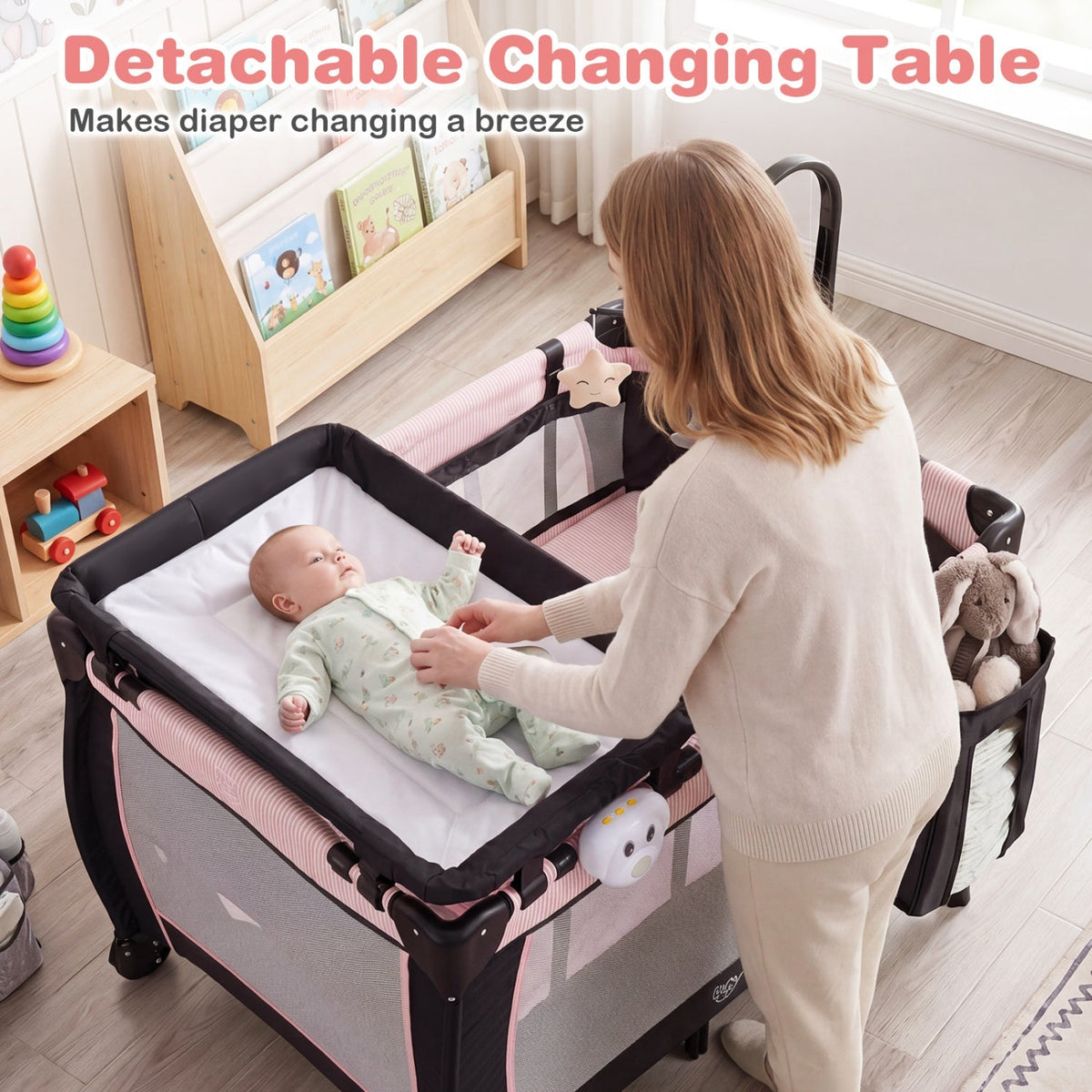 Baby Playpen with Changing Table and Bassinet - Pink