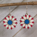 Patriotic Sunflower Wooden Dangle Earrings | Red White Blue Floral Jewelry