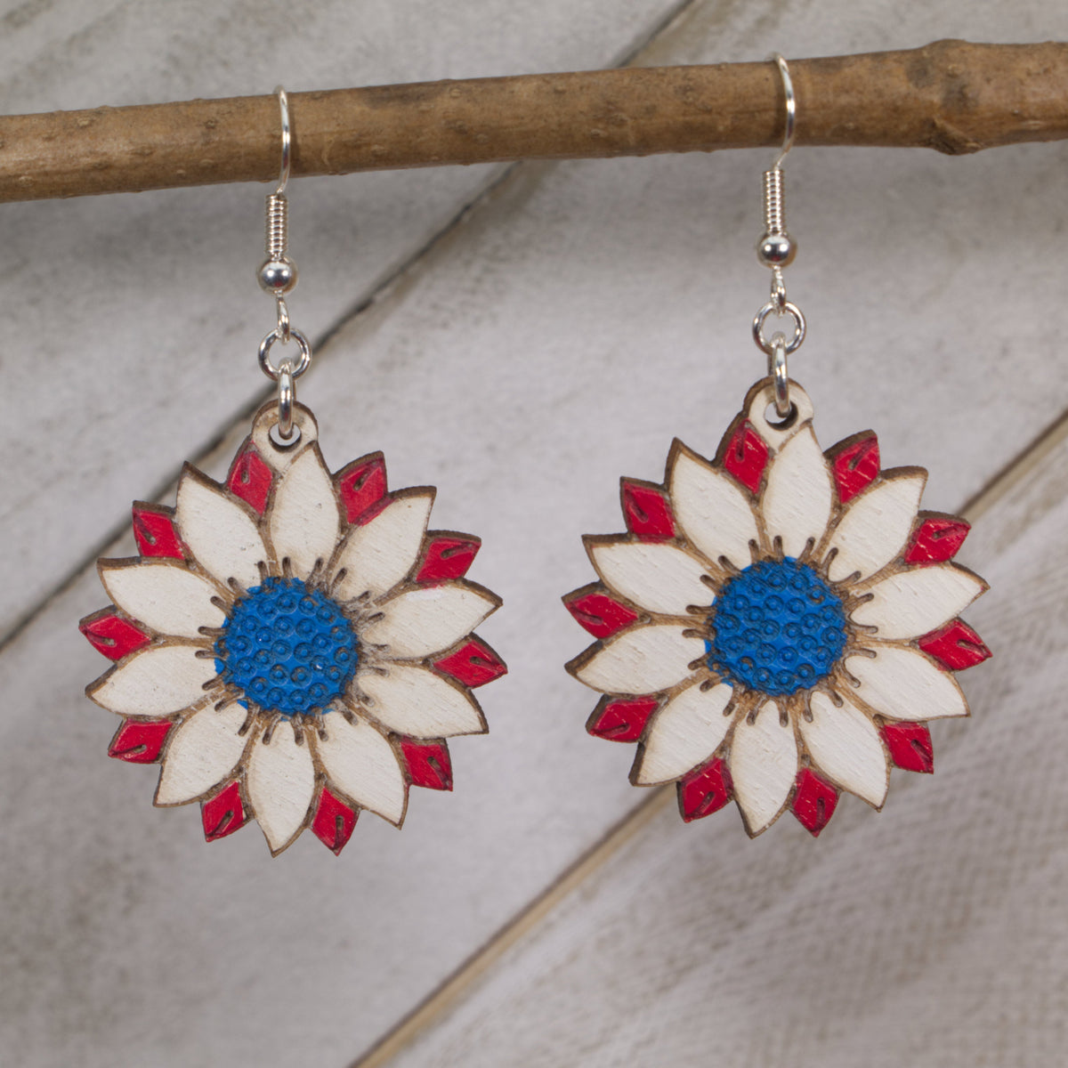 Patriotic Sunflower Wooden Dangle Earrings | Red White Blue Floral Jewelry