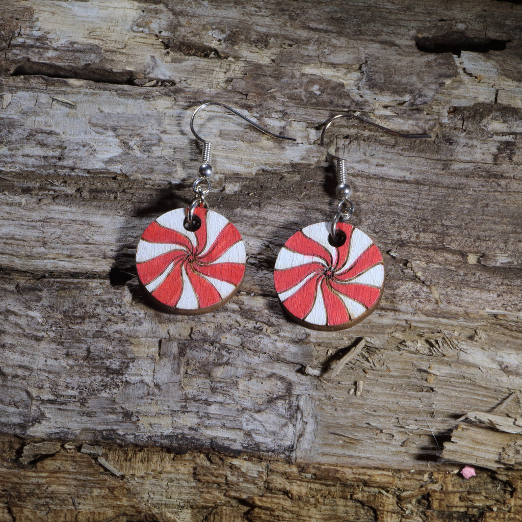 Peppermint Candy Wooden Dangle Earrings | Christmas Holiday Jewelry