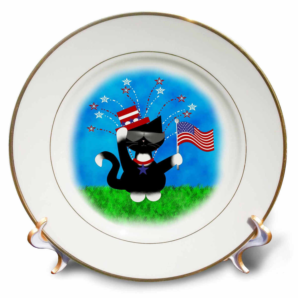3dRose Charlyn Woodruff - CW Designs Holidays - 4th July - Cute Red White and Blue Patriotic Black White Tuxedo Cat 4th of July - Plates (cp_216232)