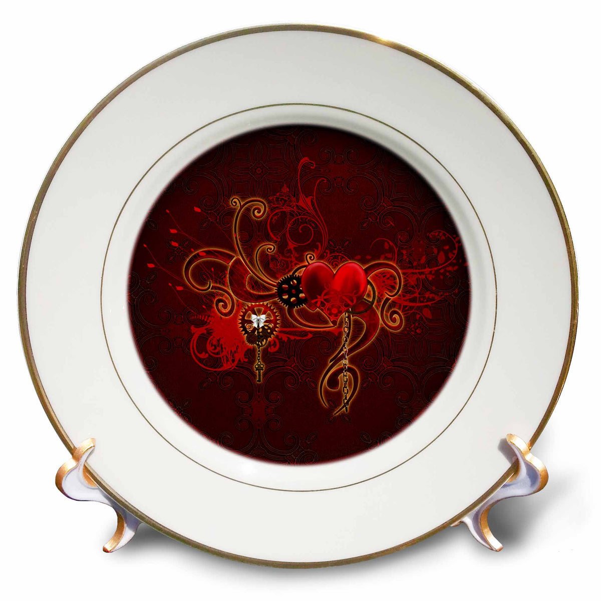 3dRose Heike Köhnen Design Holiday Valentines Day - Red Heart with Key and Gears - Plates (cp_254542)