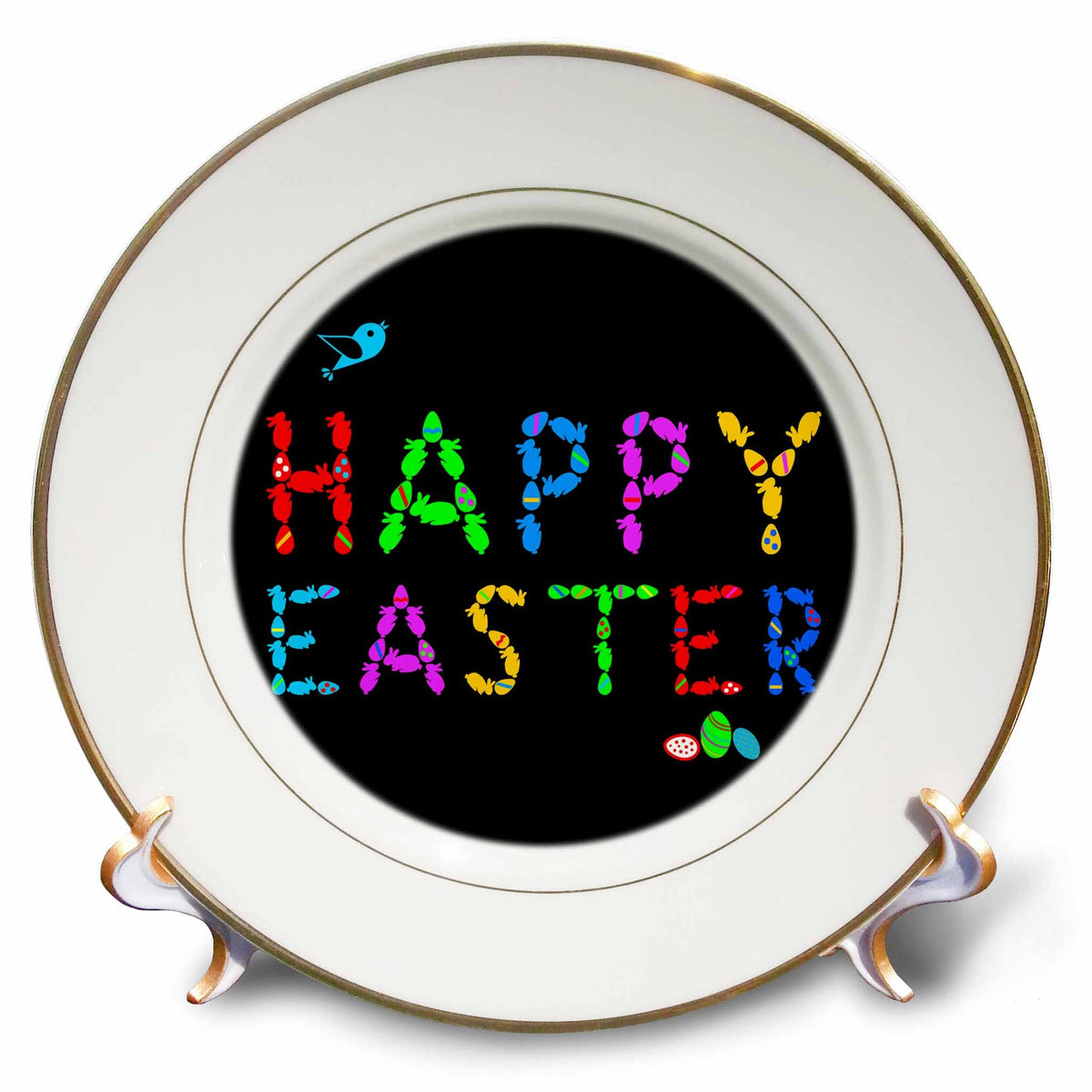 3dRose Alexis Design - Holidays Easter - Happy Easter Colorful Text of Painted Eggs and Bunnies on Black - Plates