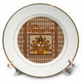 3dRose Beverly Turner Thanksgiving Design - Happy Thanksgiving, Cute Turkey Wearing Collar and Pilgrim Hat, Plaid - Plates