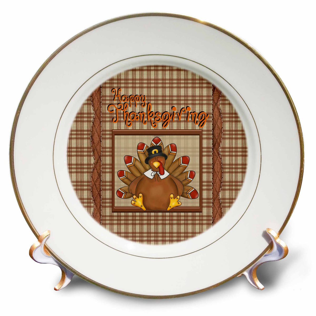 3dRose Beverly Turner Thanksgiving Design - Happy Thanksgiving, Cute Turkey Wearing Collar and Pilgrim Hat, Plaid - Plates