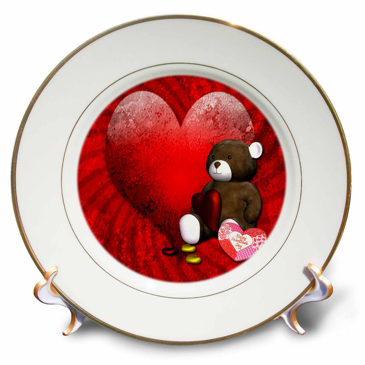 3dRose Spiritual Awakenings Holidays Valentines Day - Adorable bear and big red heart just waiting to find true love - Plates