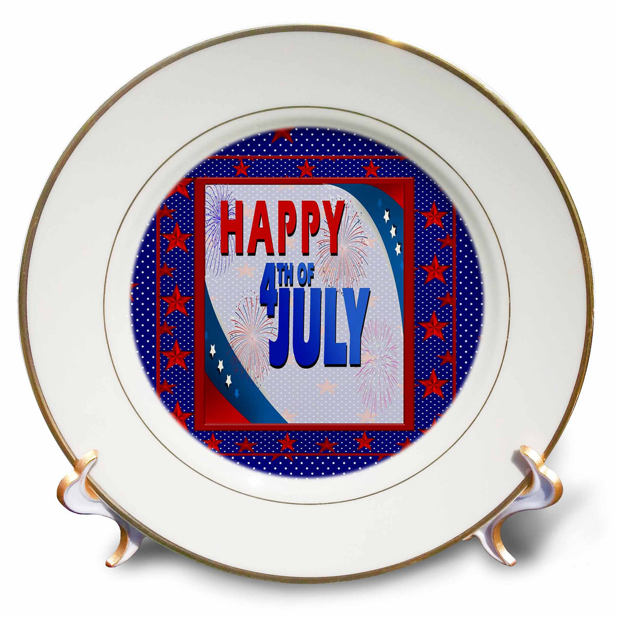 3dRose Image of Happy 4th of July, Fireworks, Stars, Red, White, and Blue - Plates (cp_330838)