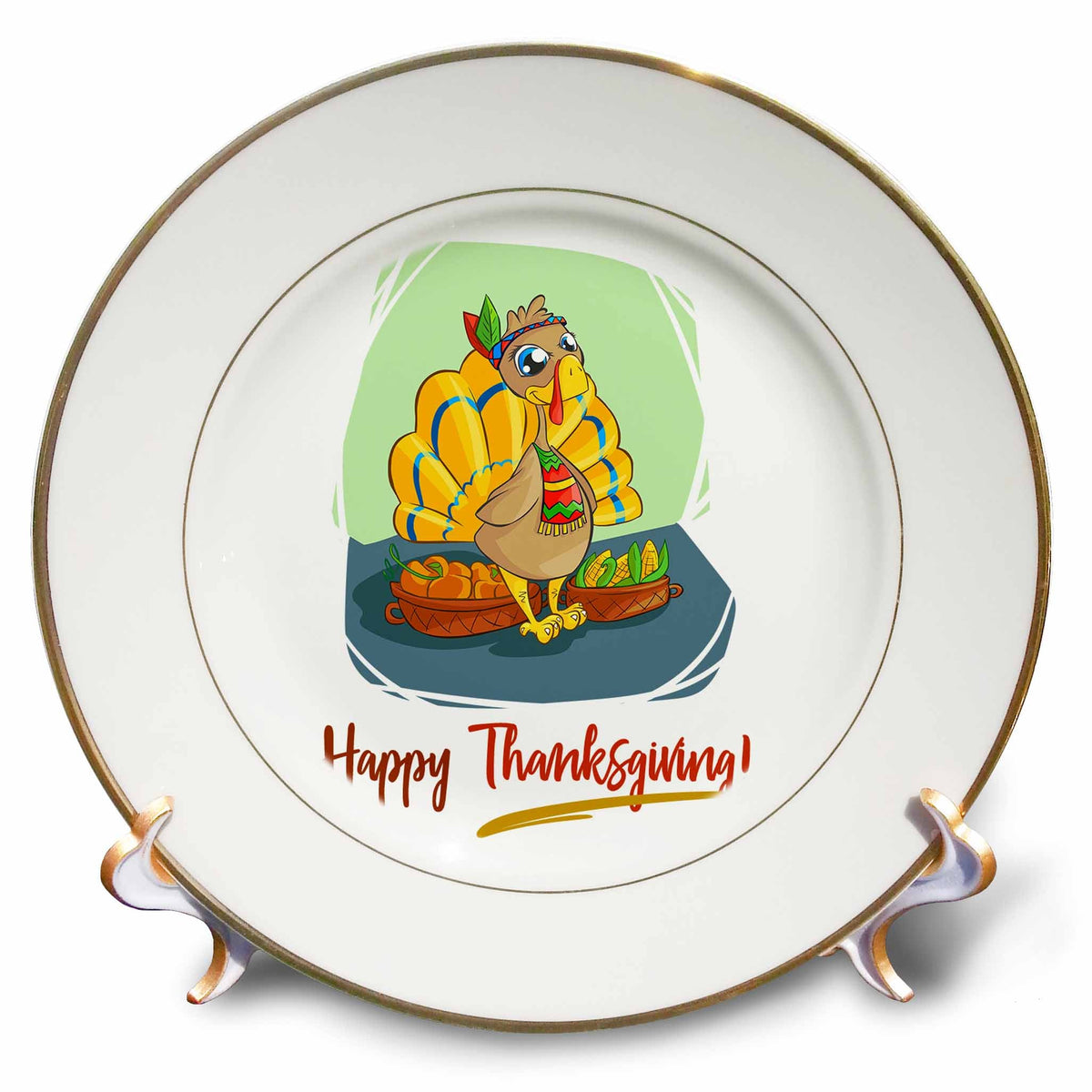 3dRose Funny colorful cartoon turkey and a text Happy Thanksgiving - Plates (cp_339323)