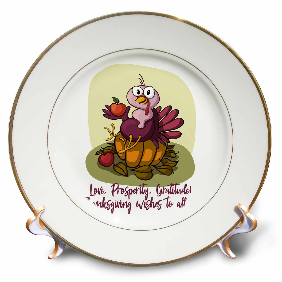 3dRose Funny turkey on a pumpkin with an apple. Thanksgiving wishes - Plates (cp_339324)