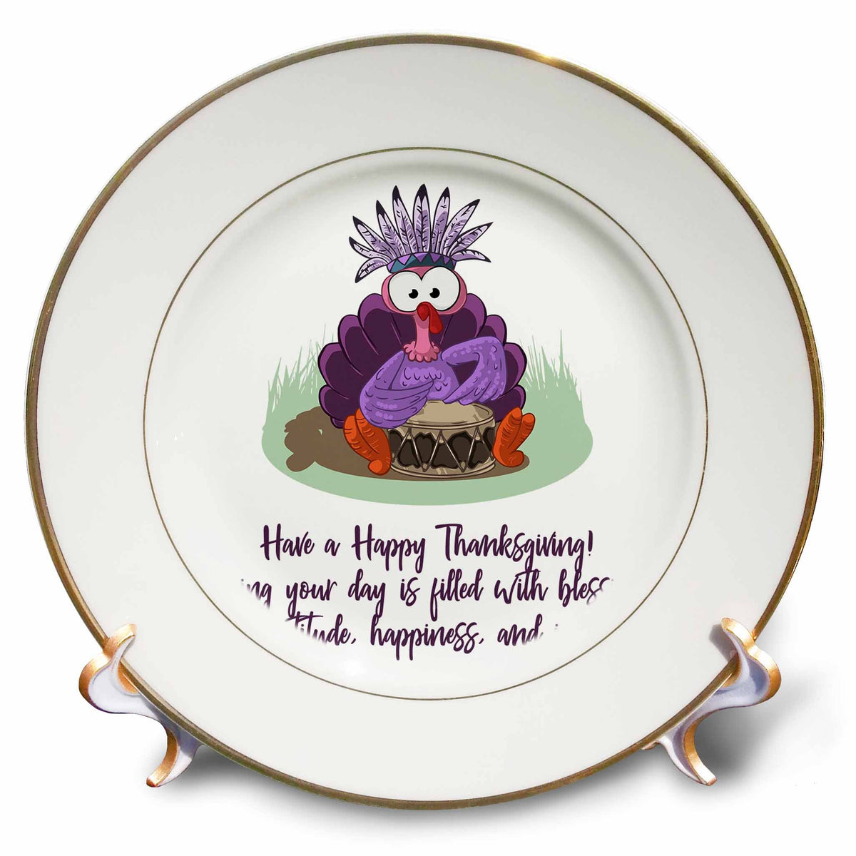 3dRose Funny turkey with a drum. Have a happy Thanksgiving wishes - Plates (cp_339325)
