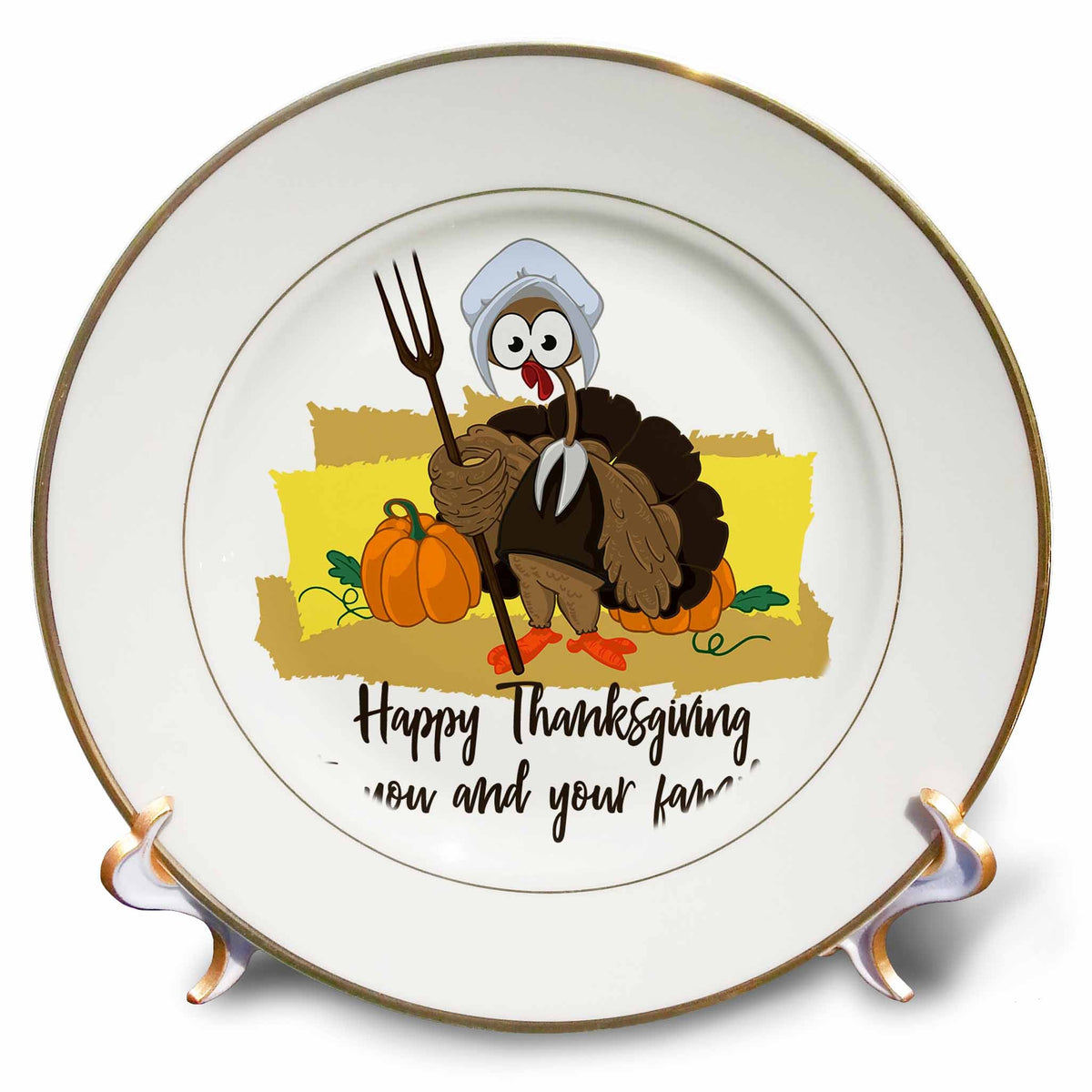 3dRose Funny turkey in the field. Happy Thanksgiving to you and your family - Plates (cp_339326)