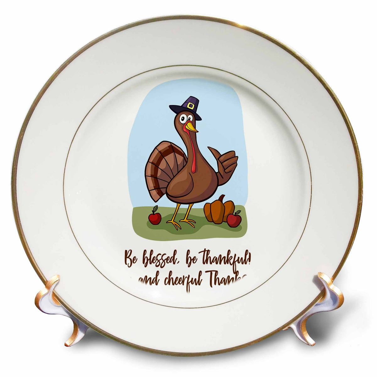 3dRose Funny turkey cartoon. Be blessed, be thankful Thanksgiving wishes - Plates (cp_339332)