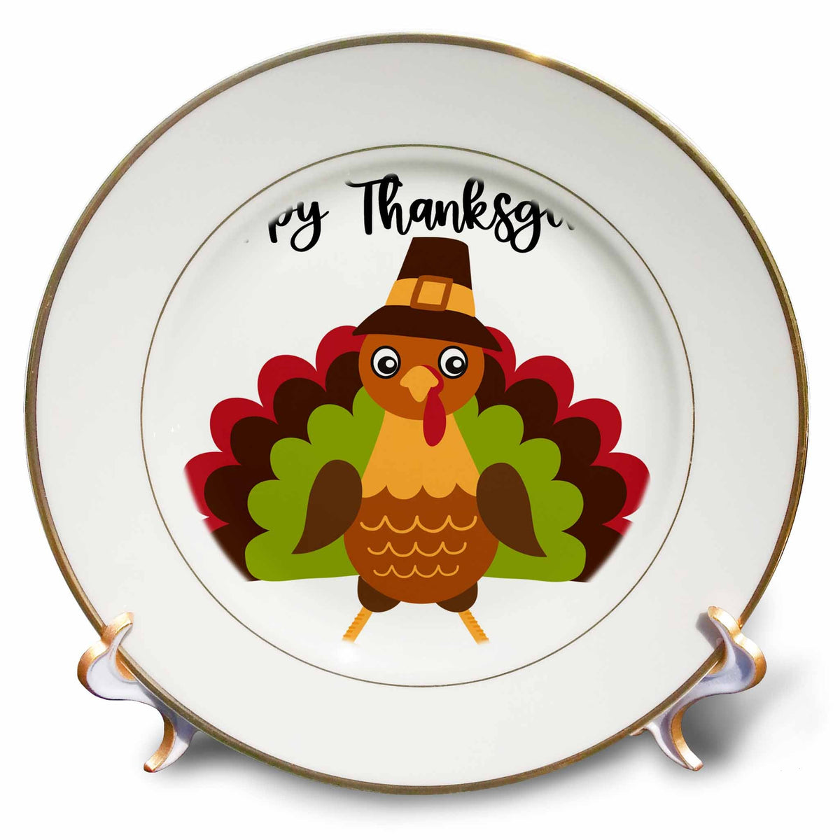 3dRose Happy Thanksgiving Cute and Colorful Turkey In A Pilgrim Hat - Plates (cp-369937)
