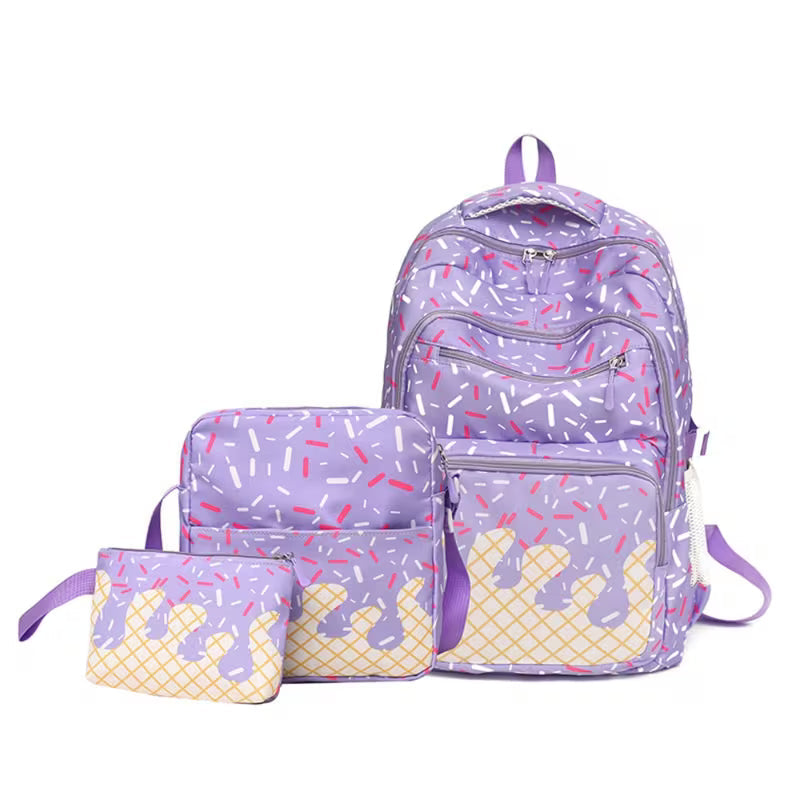 3 Piece Backpack Set with Lunch Box and Storage Bag | Ice Cream Design | Black