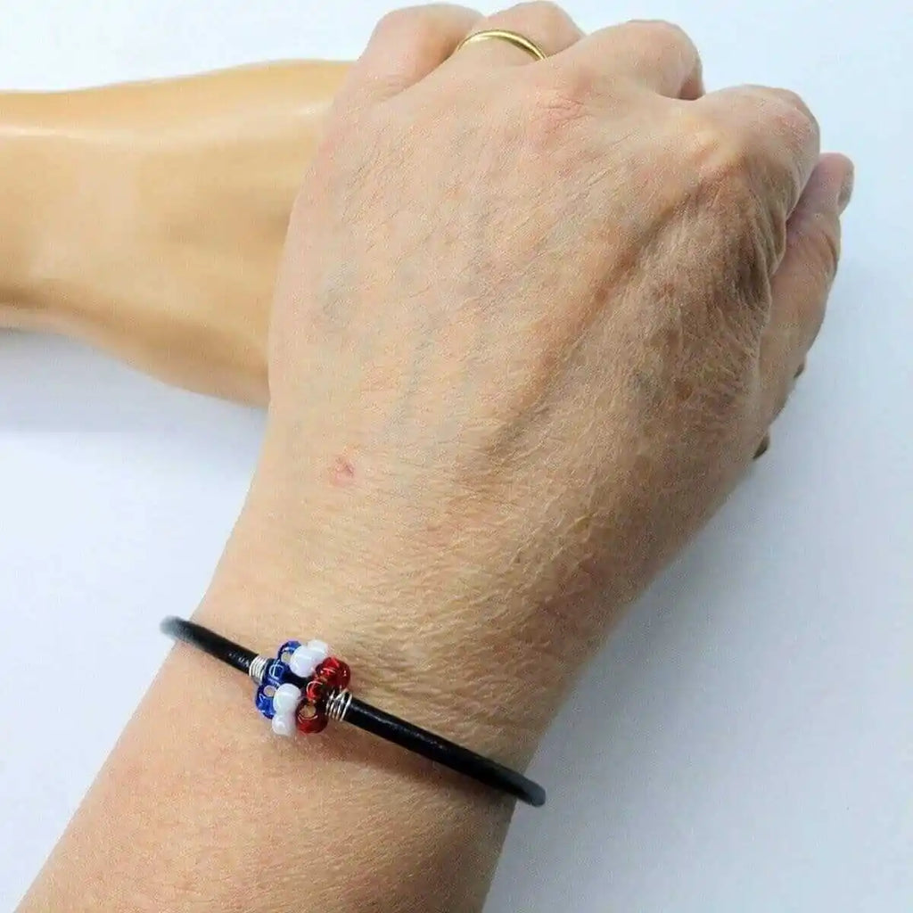 Patriotic Red White Blue Beaded Bead Leather Bracelet