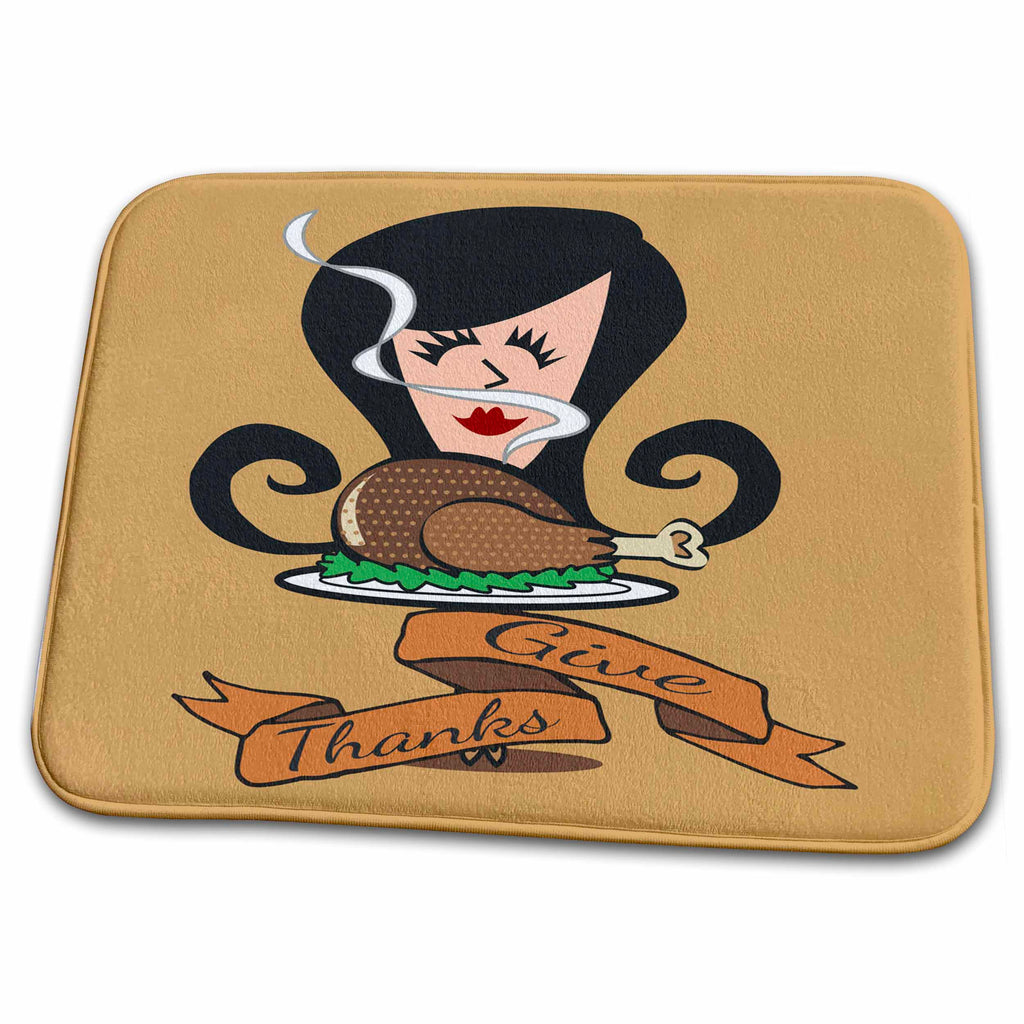 Dish Drying Mat - Give Thanks Retro Girl Turkey Dinner Thanksgiving
