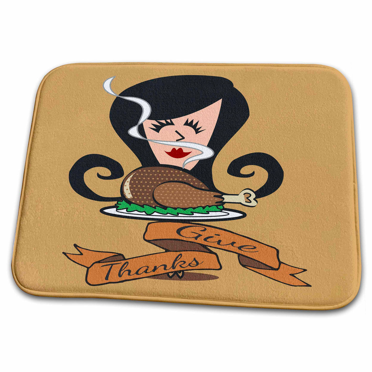 Dish Drying Mat - Give Thanks Retro Girl Turkey Dinner Thanksgiving