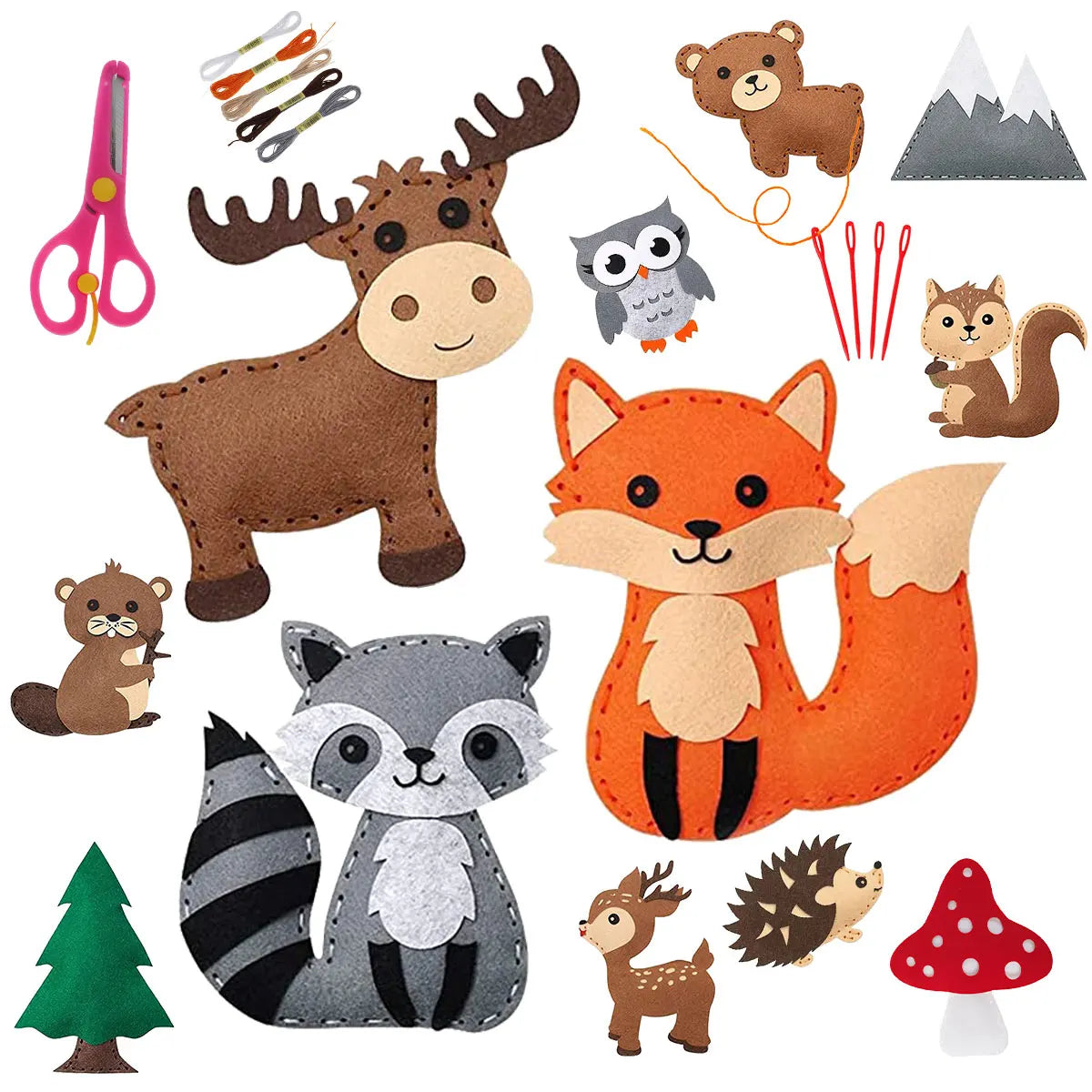 Kids Sewing Kit 14-Piece Woodland Felt Animals DIY Craft Set for Beginners Educational Sewing Toy