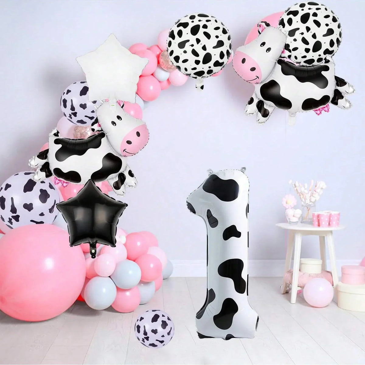 7pcs Big Cow Balloon Set 40 inch Black White Number 0-9 Foil Balloons | Farm Animal Birthday Party Decor