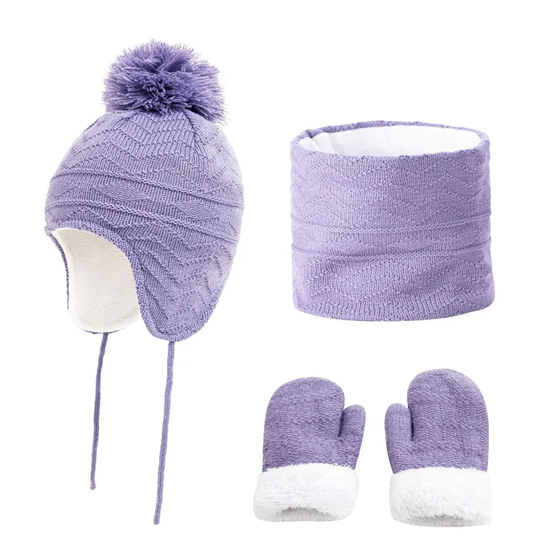 4Pcs Baby Winter Hat, Scarf & Gloves Set – Fleece Knitted Infant Bonnet, Beanie Hats, Neck Warmer & Mittens with Pompom for Kids (S/L)