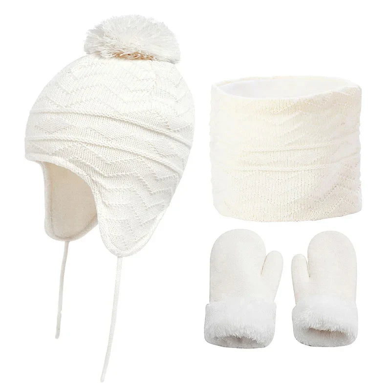 4Pcs Baby Winter Hat, Scarf & Gloves Set – Fleece Knitted Infant Bonnet, Beanie Hats, Neck Warmer & Mittens with Pompom for Kids (S/L)