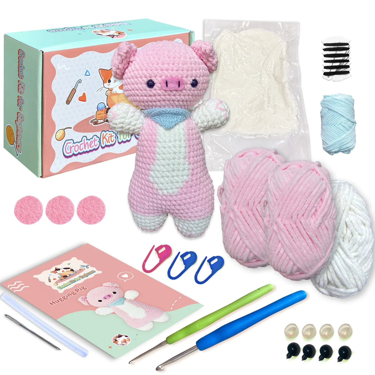 DIY Pink Pig Crochet Kit Supplies, Accessories Including Yarn Hook -with Step-by-Step Video Tutorials