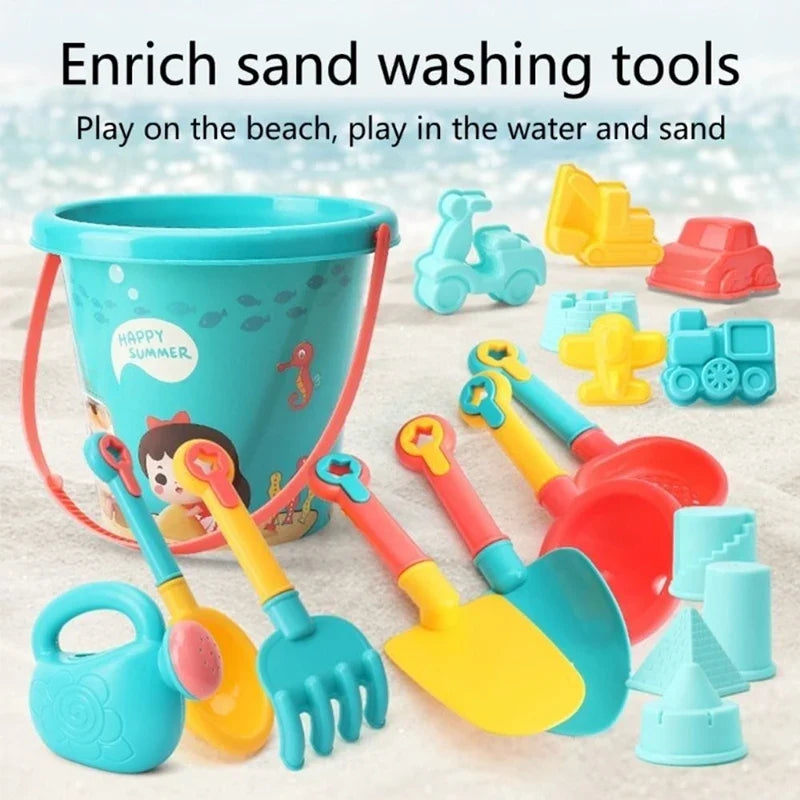 Children’s Beach Toy Set With Plastic Bucket, Watering Bottle & Shovels — Outdoor Sand & Water Play Tools