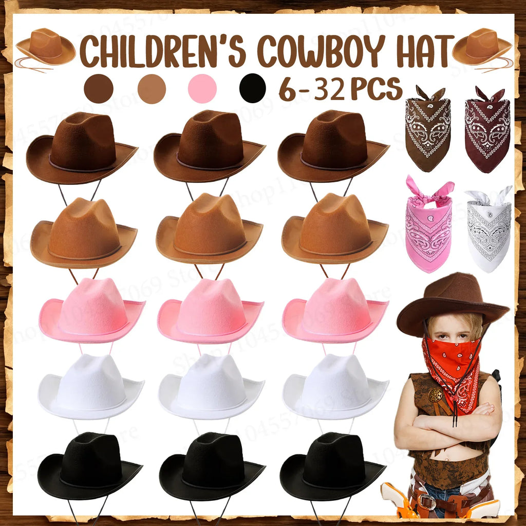 6-32Set Kids Western Cowboy Hats with Bandanas Cowboy Party Hats for Birthday Party Cosplay Costume Party Western Party Favors