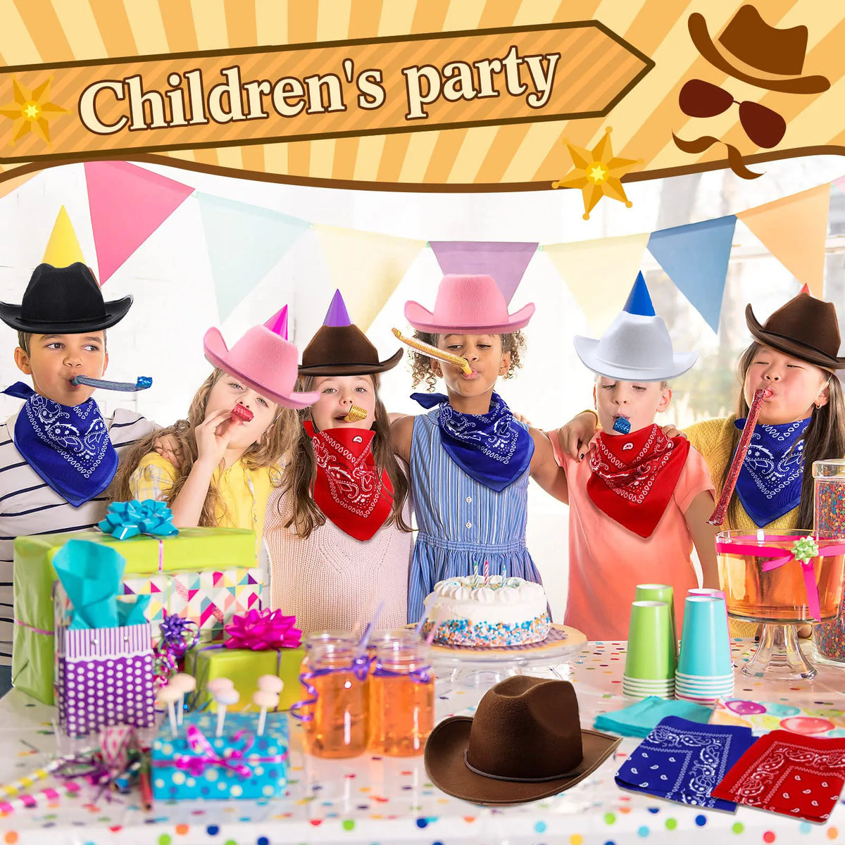 6-32Set Kids Western Cowboy Hats with Bandanas Cowboy Party Hats for Birthday Party Cosplay Costume Party Western Party Favors