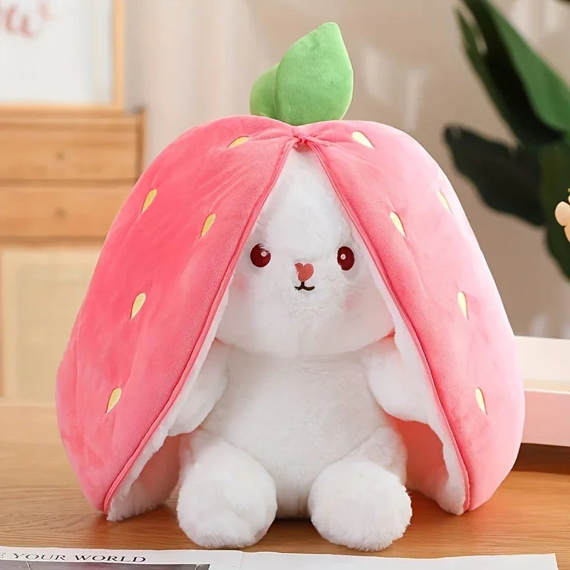Reversible Bunny Plush Doll Pillow with Carrot Strawberry Cover