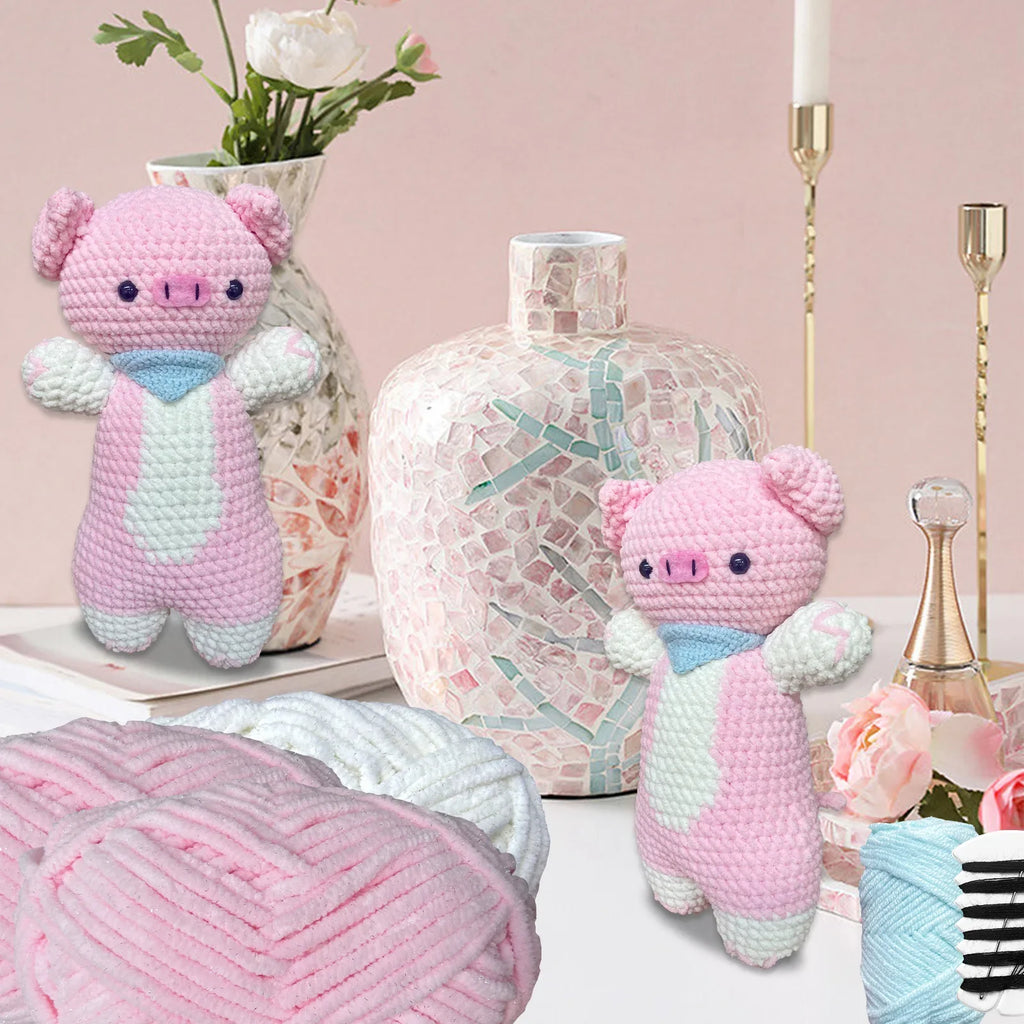 DIY Pink Pig Crochet Kit Supplies, Accessories Including Yarn Hook -with Step-by-Step Video Tutorials