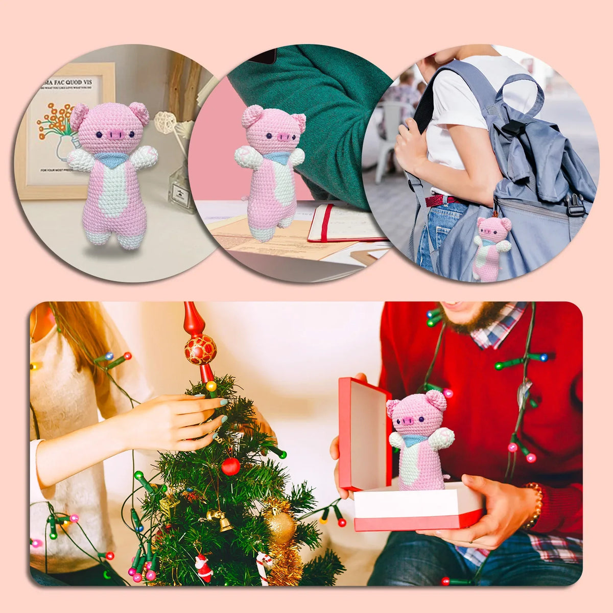 DIY Pink Pig Crochet Kit Supplies, Accessories Including Yarn Hook -with Step-by-Step Video Tutorials