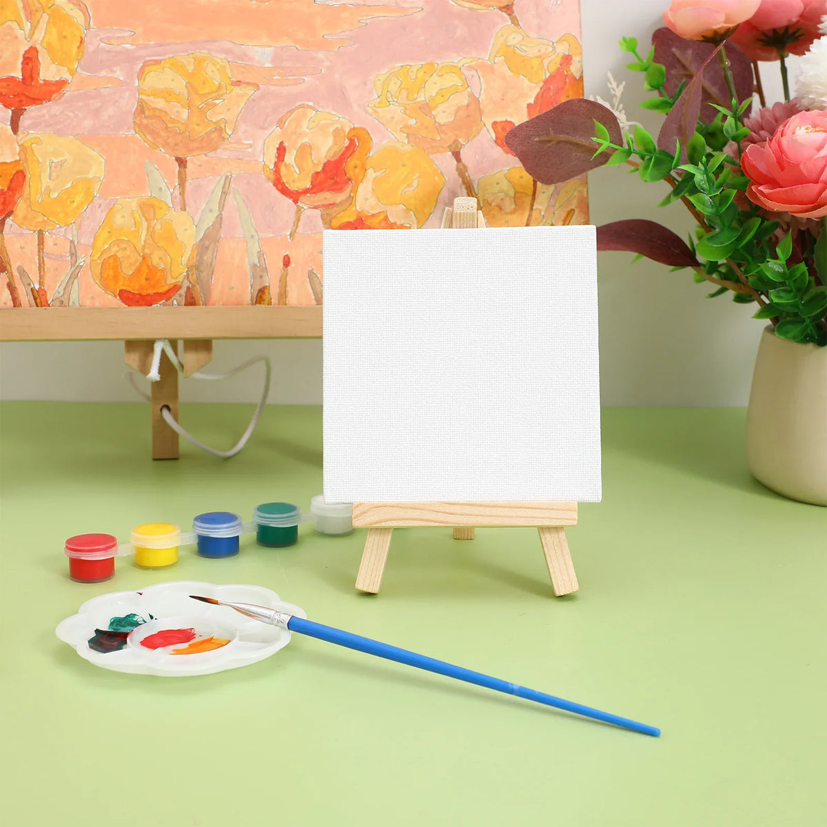 6-Set Mini Canvas Painting Kit – Small Easel Boards, Brushes & Palette for Adults, Travel Art Supplies