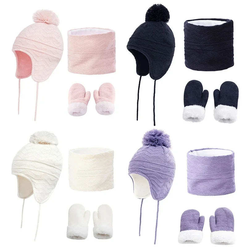 4Pcs Baby Winter Hat, Scarf & Gloves Set – Fleece Knitted Infant Bonnet, Beanie Hats, Neck Warmer & Mittens with Pompom for Kids (S/L)
