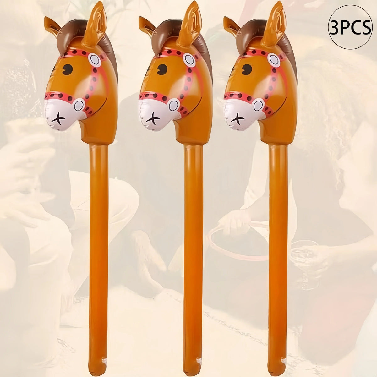 3PCS Inflatable Horsehead Stick, Cute Brown Horsehead Stick, Suitable For Cowboy Themed Birthday Party Decoration