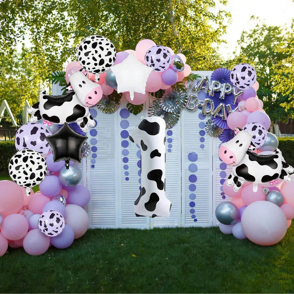 7pcs Big Cow Balloon Set 40 inch Black White Number 0-9 Foil Balloons | Farm Animal Birthday Party Decor