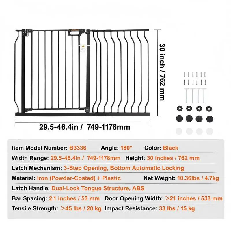 Baby Gate, 29.5"-46.4" Extra Wide, 30" High, Dog Gate for Stairs Doorways and House, Easy Step Walk Thru Auto Close Child Gate Pet Security Gate with Pressure Mount Kit and Wall Mount Kit, Black