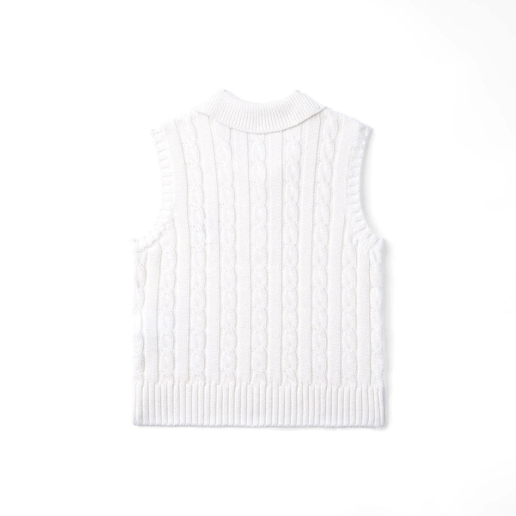 Cable Knit Sleeveless Polo Shirt in White