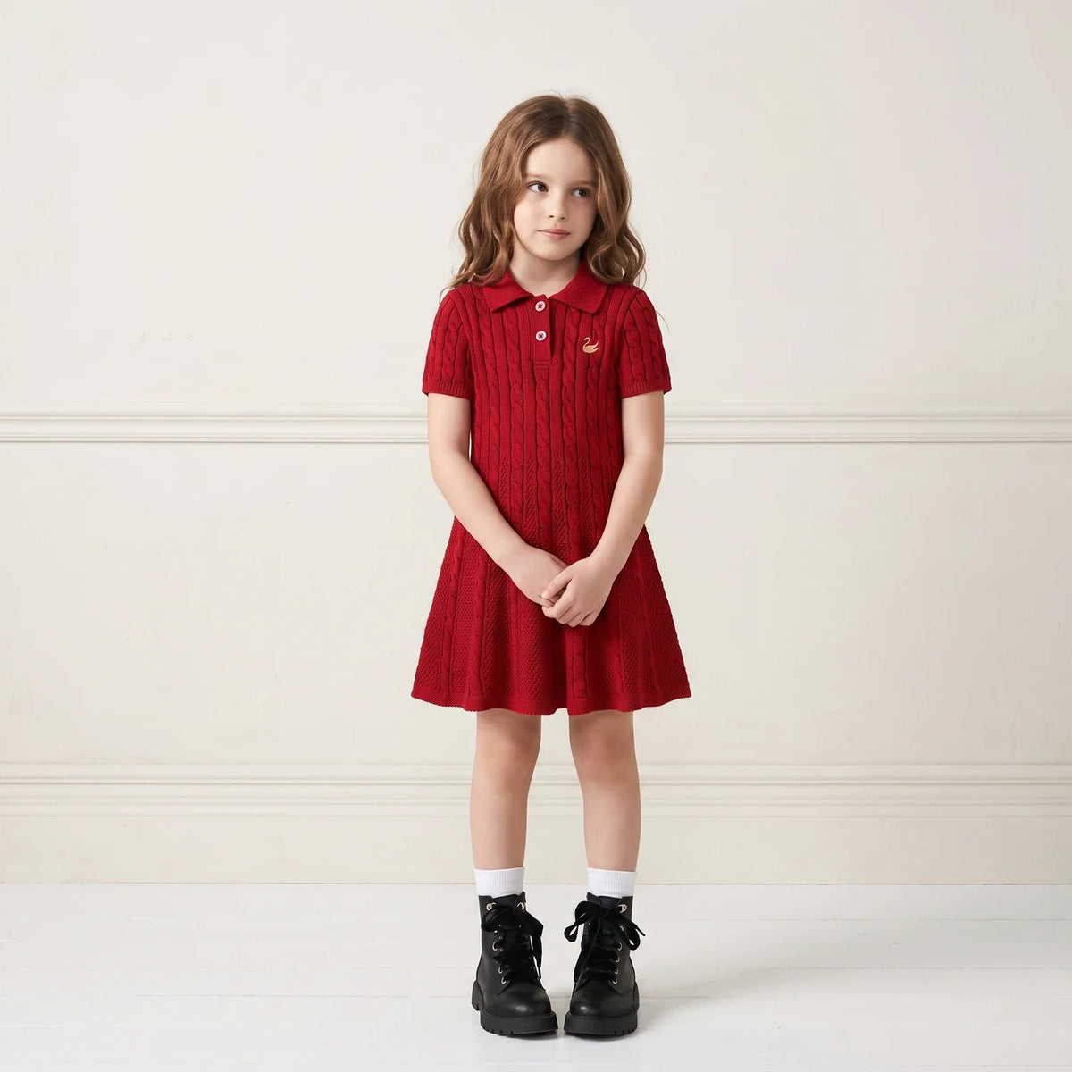 Cable Knit Polo Dress in Red Xmas